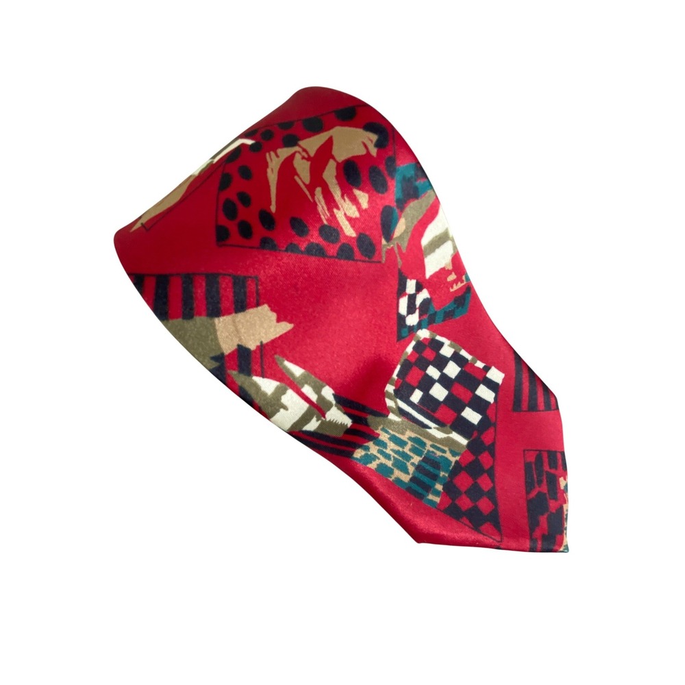 Marino Mens Tie Red Geometric Rockabilly Abstract Pure Silk Washable 59x3.5